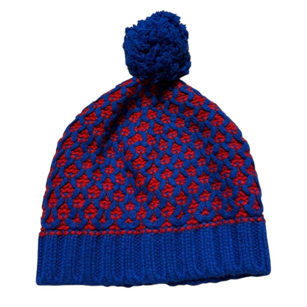 NWT J.Crew Lambs Wool Cashmere Viscose Nylon Winter Beanie Blue and Red Knit Hat